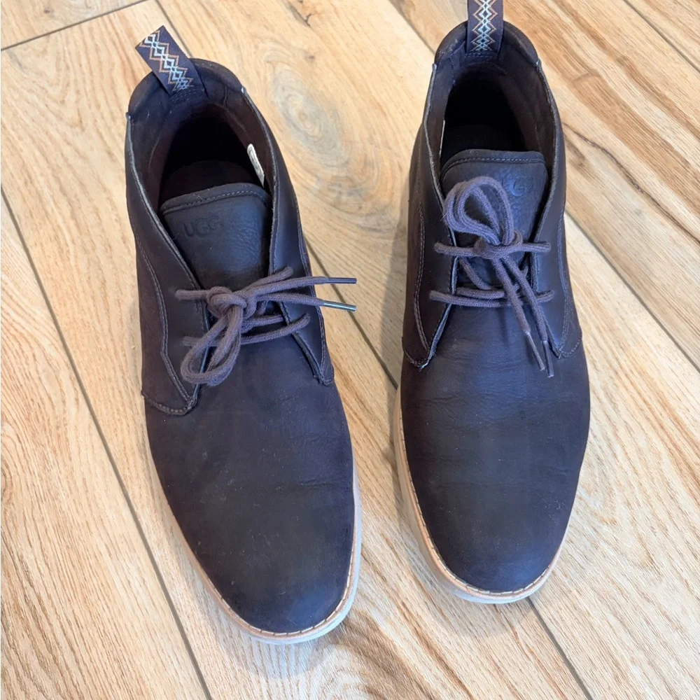 UGG Men’s Brown Leather Treadlite Chukka Boots with Light Tan Sole